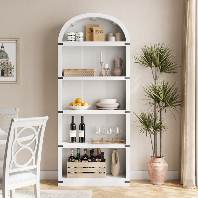 Bibliothèque Farmhouse Arched - Bibliothèque en bois de 182 cm de hauteur, 5 portes ouvertes pour le salon, la chambre à coucher et le rangement - blanc antique, de base