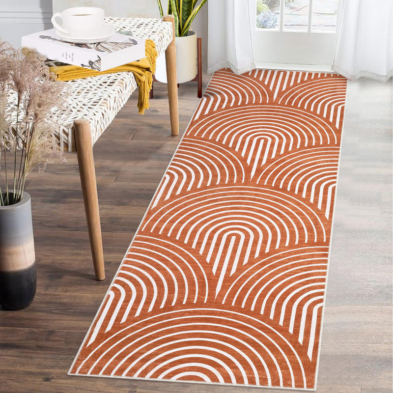 Jiayan Washable Geometric Machine Woven Polyester Area Rug in Orange, Runner 2' x 6'