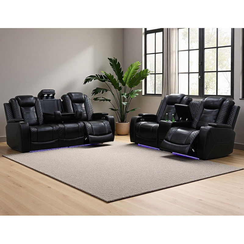 Modern 2-Piece Leather Recliner Set With USB, LED Accents & Wireless Charging Console, Black