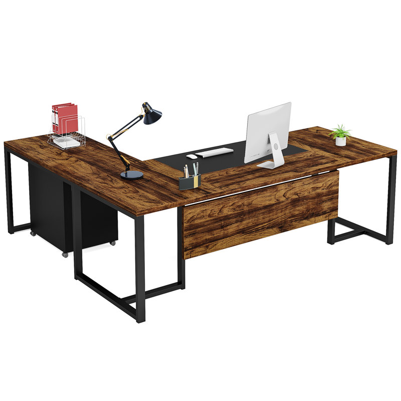 Bureau de direction en L avec armoire de rangement Trisca, Brun rustique / noir
