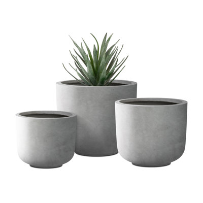 Tali 3 Piece 13.19 in, 11.02 in and 9.06 in L Round Lightweight Concrete and Fiberglass Indoor Outdoor Weather Resistant Planters with Drainage Holes Set