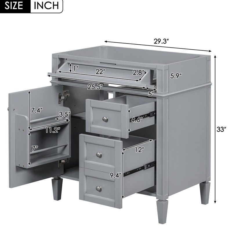 Rangement de salle de bain de 30 po - Meuble-lavabo moderne gris avec fonctionnement en douceur, 2 tiroirs, tiroir coulissant et vaste espace de rangement, solution pratique