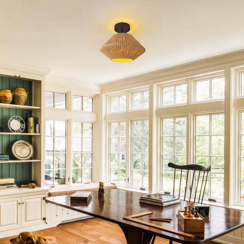 Boho 1-Light Farmhouse Rattan Ceiling Light Fixtures, 11.8" Flush Mount With Hand-Woven Shade
