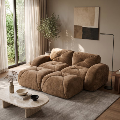 2-Seat Boneless Modular Sofa with 2 Movable Ottomans, Tufted Velvet Floor Couch, 32D High-Density Foam, No Assembly, Camel