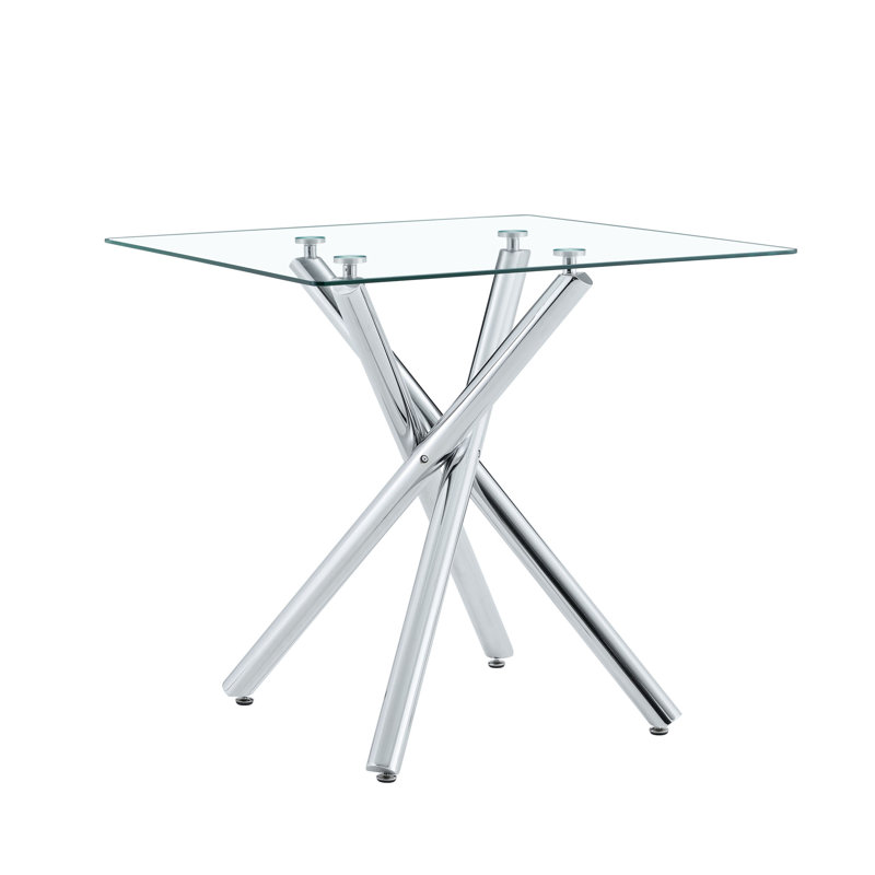 Table de bar moderne en métal galvanisé avec plateau en verre trempé, table de pub robuste à pieds croisés pour bar à la maison, îlot de cuisine, salon