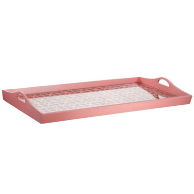 Decorative Serving Tray, Light Pink Handles, Patterned Glass, 28 Inch