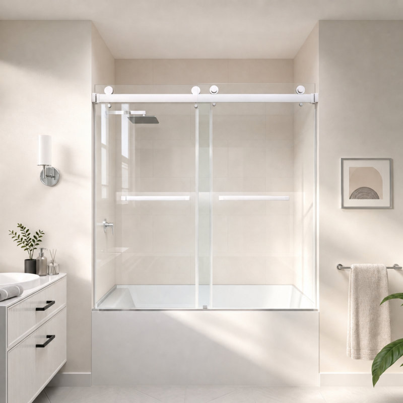 Porte de baignoire de douche coulissante double sans cadre en chrome avec verre transparent 3/8 po Catalyst l 56 po x H 60 po