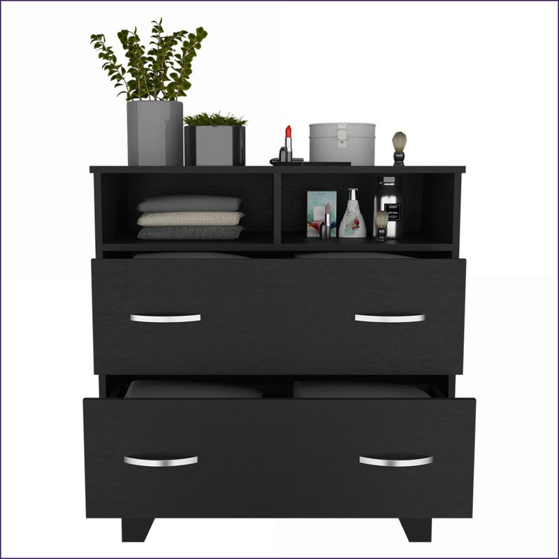 Commodes: tiroir double de 31,5 po de largeur avec tablettes ouvertes | Panneau de particules | Noir, Noir