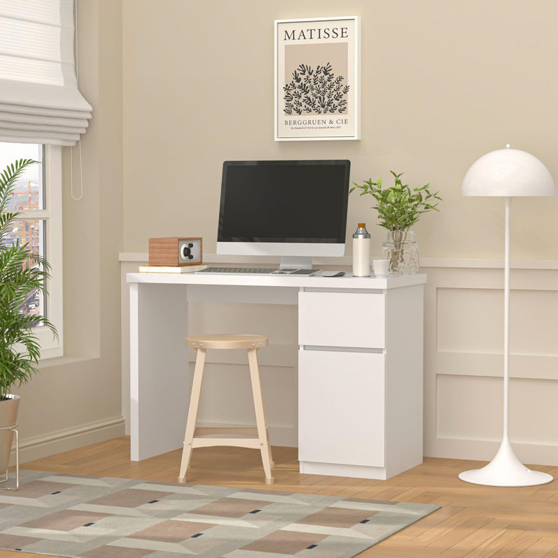 Computer Desk with Drawer - Wooden Desk with Storage Cabinets, 29.4" H x  43.3'' W x 17.7'' D, White