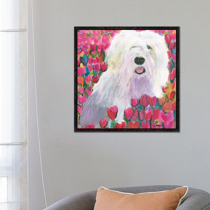 Sheepdog In Tulip Field by Connie Collum - Painting on Canvas, 66.04 cm H x 66.04 cm W, Black Framed