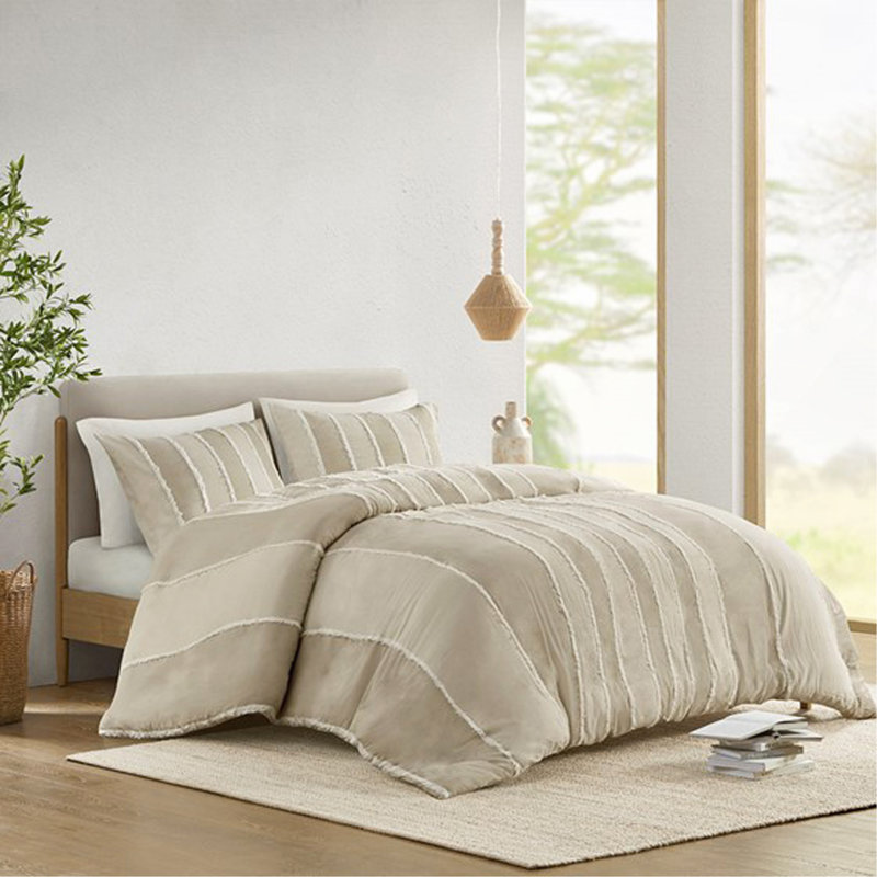 Ensemble de housse de couette en coton 3 pièces, Beige, Housse de couette double et 2 taies décoratives