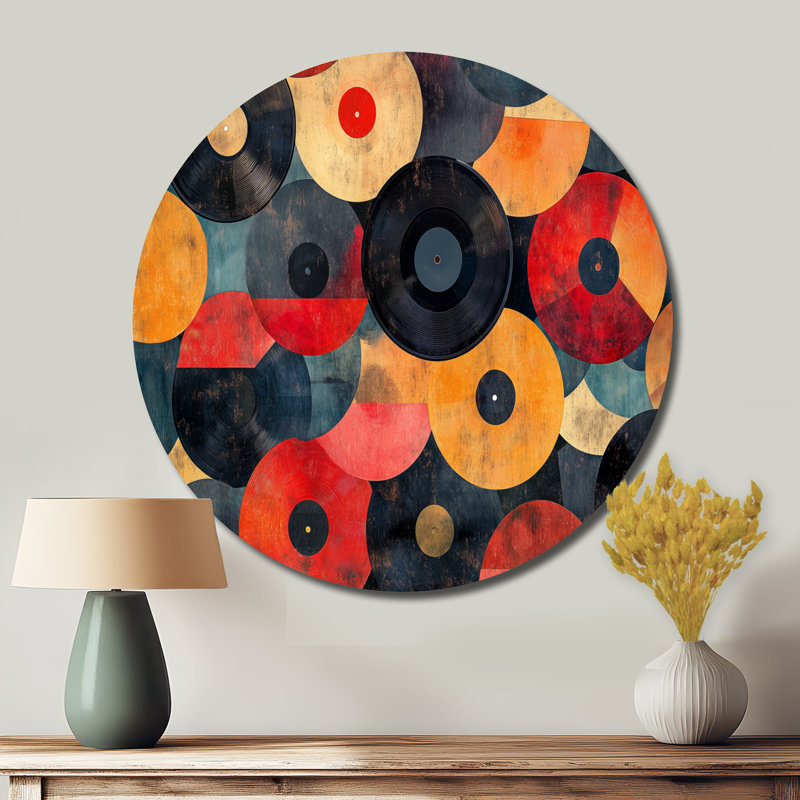 Rétro cercles de vinyle - art mural rond en métal, L 16 po x H 16 po