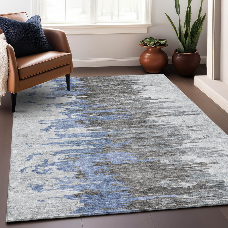 Tapis bleu Prisco lavable à la machine de qualité supérieure, Rectangulaire 8 pi x 10 pi