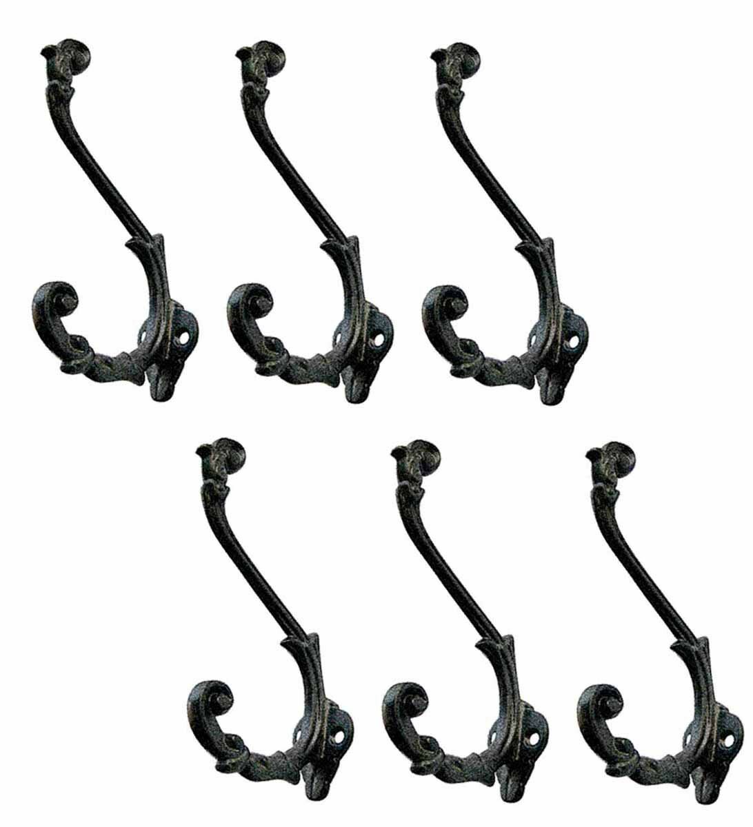 Renovators Supply 6 Coat Hooks Black Wrought Iron Double Hook 6-1/2 Set of 6