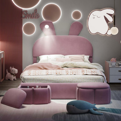Full Upholstered Platform Bed with Cartoon Ears Headboard and Light, Pink