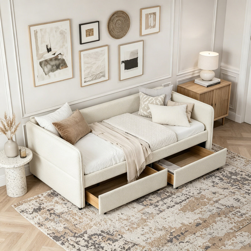 Lit de jour grand avec couchette, deux tiroirs et capitonnage, Beige