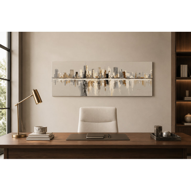 Reflets neutres de la ville - Tableau panoramique abstrait sur toile tendue, L 48 po x H 16 po x P 1,5 po