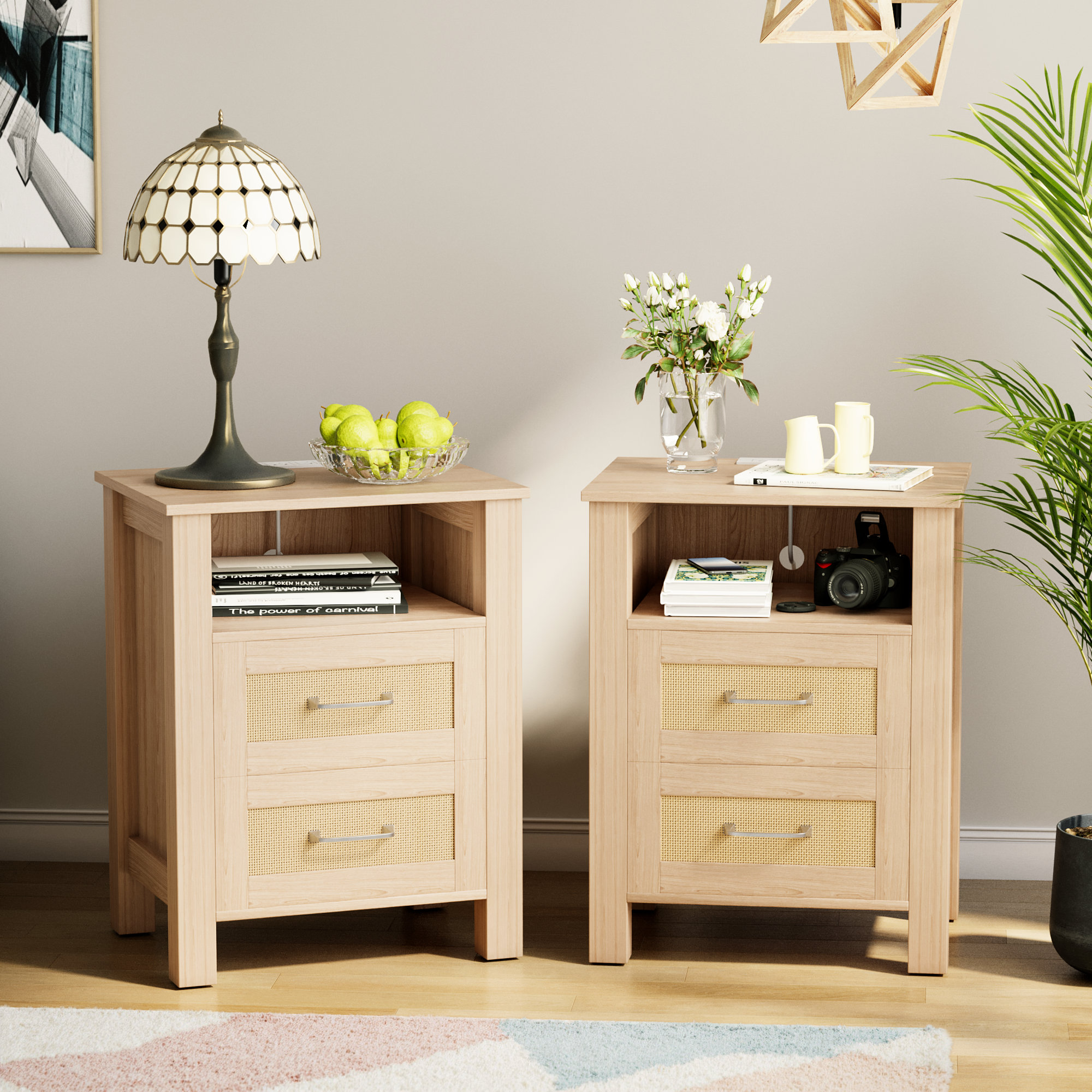 Bay Isle Home™ Rattan Nightstands With Charging Station,modern Bedside Stand For Bedroom（Set of 2） & Reviews | Wayfair