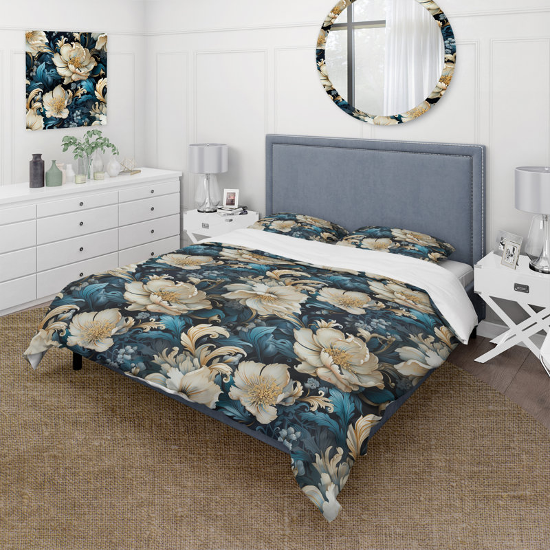 Ensemble de housse de couette damassé bleu et blanc Daisy, Housse de couette pour très grand lit et 2 très