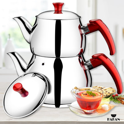 Ensemble de théière turque double en acier inoxydable Hakan 3,2 L Maxi avec couvercles doubles, 107 oz