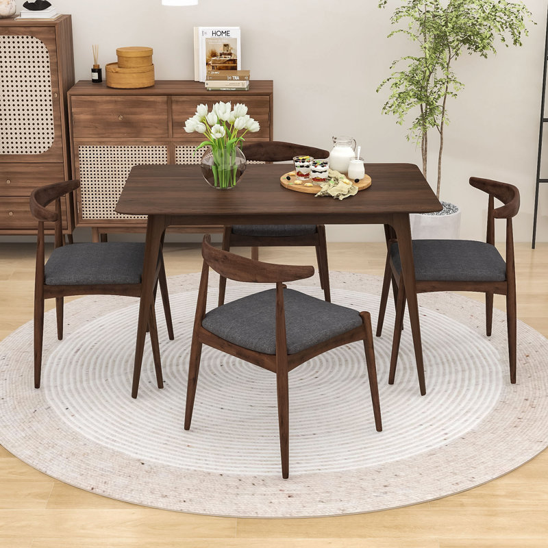 Ensemble de salle à manger 5 pièces Mid-Century avec structure en bois robuste, Gris anthracite