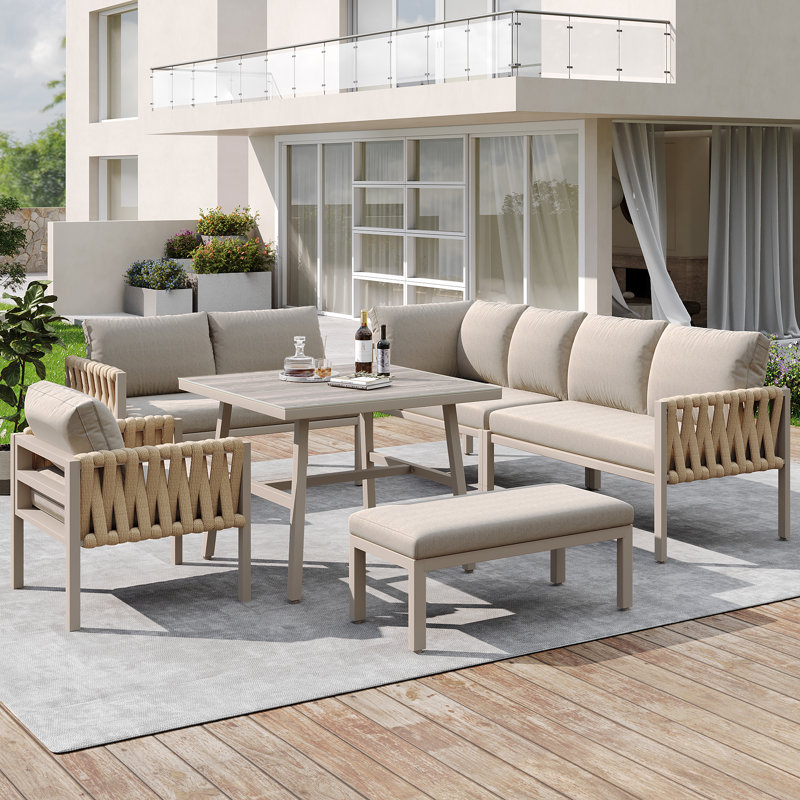 Outdoor Sectional Patio Set With Cushions, Beige Cushion/Brown Frame