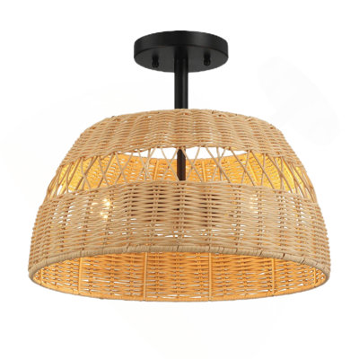 Double lumière scintillante semi-encastrée avec abat-jour en rotin avec finition en métal noir pour décor de style maison de campagne