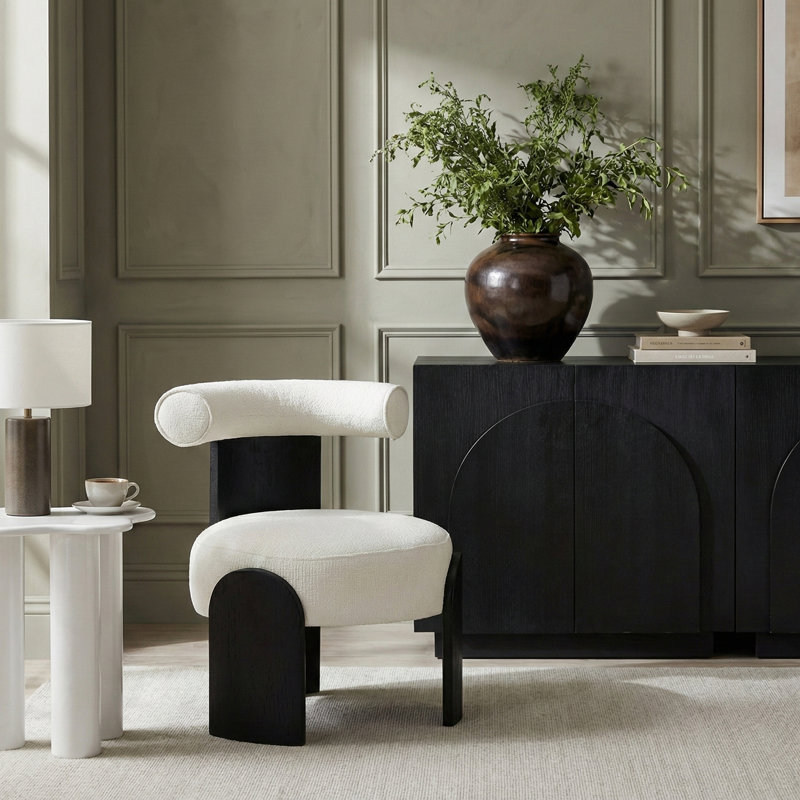 Fauteuil d'appoint Calder, Tissu crème texturé en lin, Noir