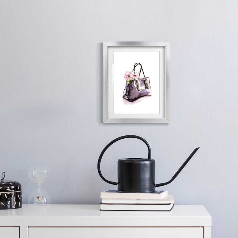 Handbag With Flower -Framed Print, 25.5" H x 17.5" W, Silver
