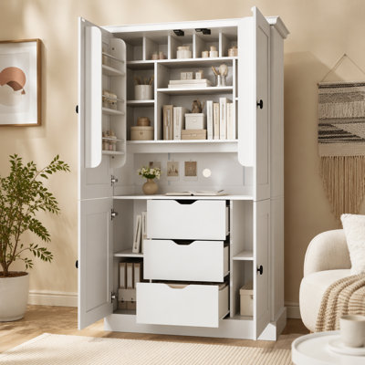 Armoire de cuisine autoportante 42,3 x 20,0 x 70,9 pouces TopMAX, poste de travail de rangement haut avec 4 portes, 3 tiroirs, 6 tablettes de porte, tablettes amovibles et 6 porte-bouteilles pour salle à manger, blanc