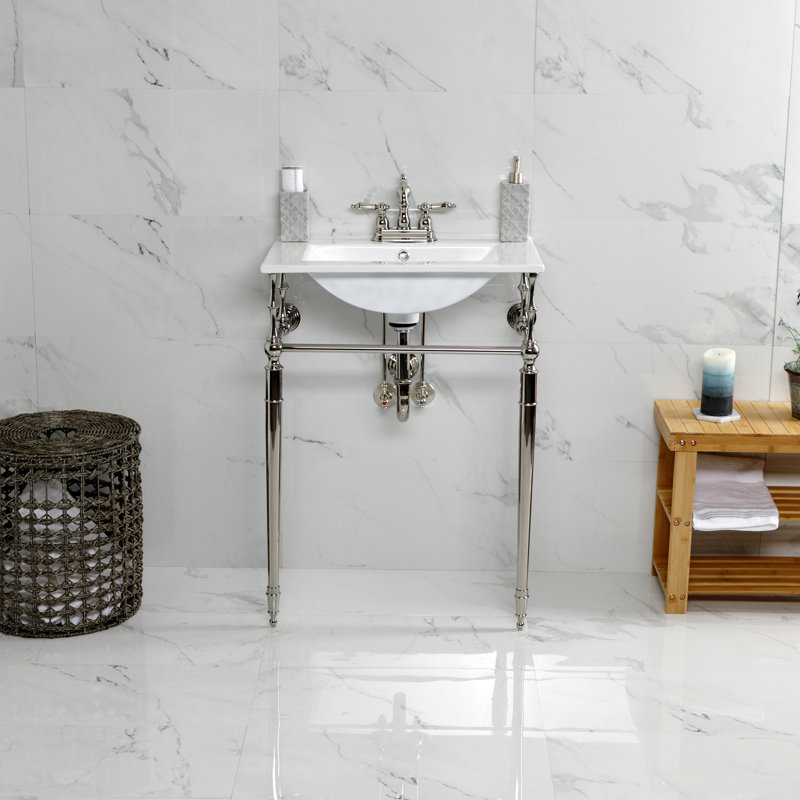 Lavabo de salle de bain console Edwardian, Nickel poli, Centres de 4 po