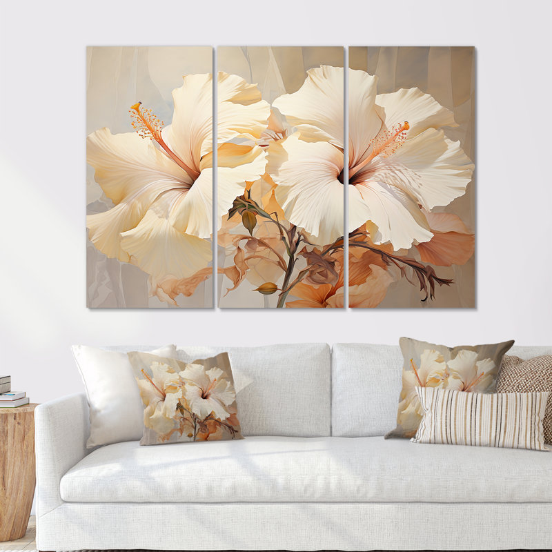 Hibiscus beige II, ensemble d'art sur toile, H 28 po x l 36 po x P 1 po