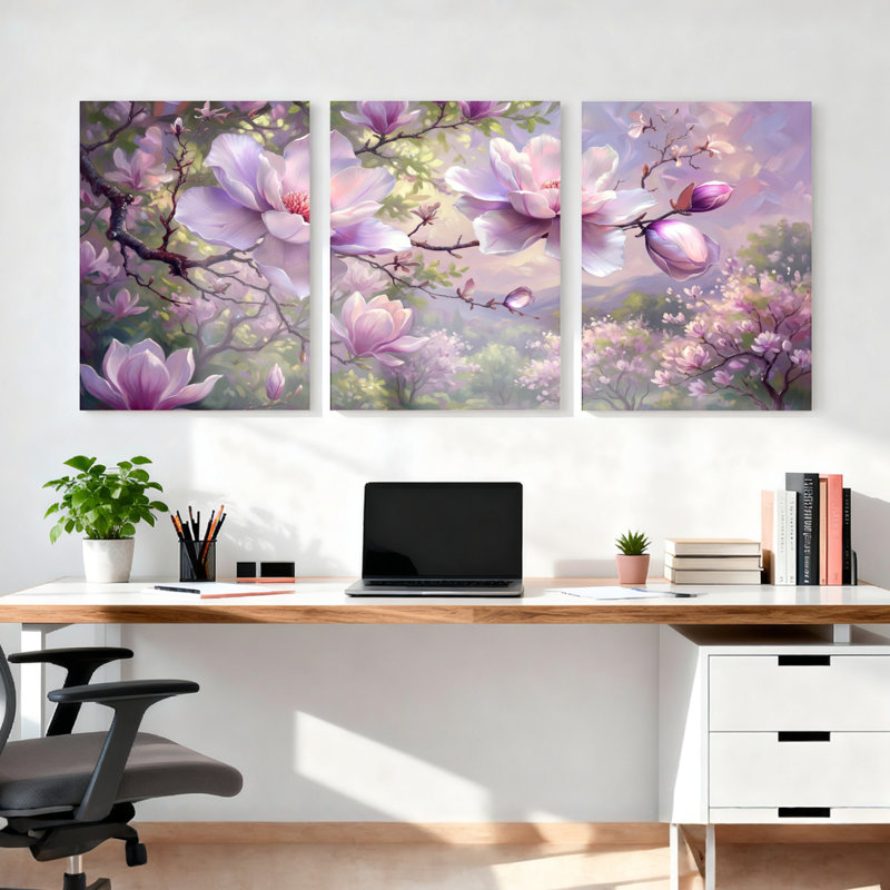 Ensemble de 3 tableaux muraux sur toile tendue représentant des fleurs de magnolia, pour la décoration du salon et de la chambre à coucher.