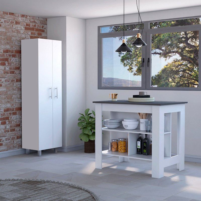 White And Onyx 2-Piece Kitchen Set, Kitchen Island And Pantry Cabinet