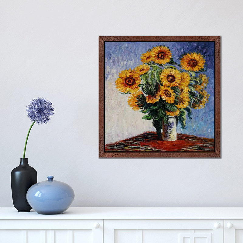 Sunflowers by Claude Monet - Floater Frame Painting on Canvas, 45.72 cm H x 45.72 cm W, Brown