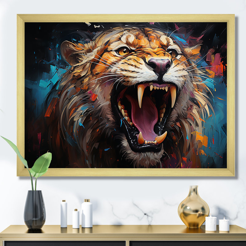 «Lions Roaring Emotion» sur toile, Cadre doré simple, H 24 po x l 32 po x P 1 po