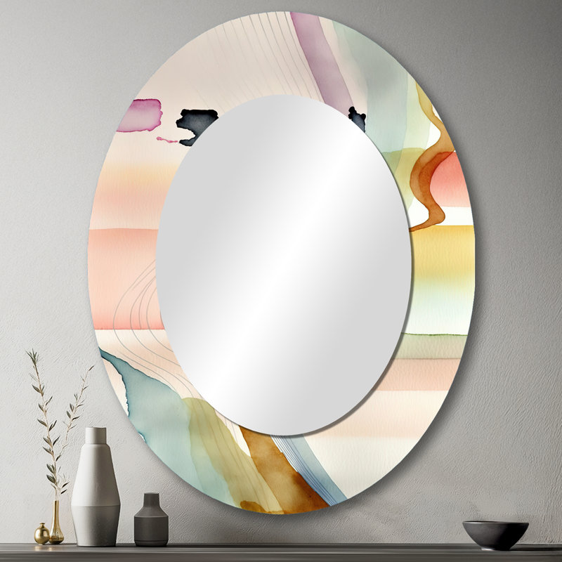 Multi-Color Abstract Waves III - Abstract Oval Decorative Mirror On Metal, 43" x 33"