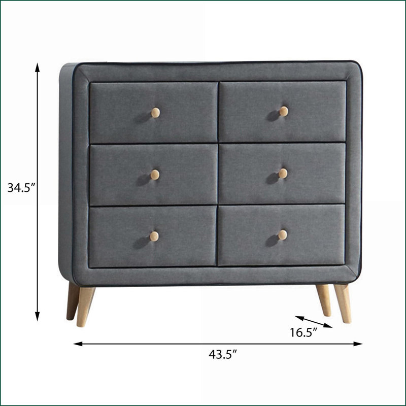 Commodes, commode double 6 tiroirs Mid-Century | Gris clair | Bois et tissu