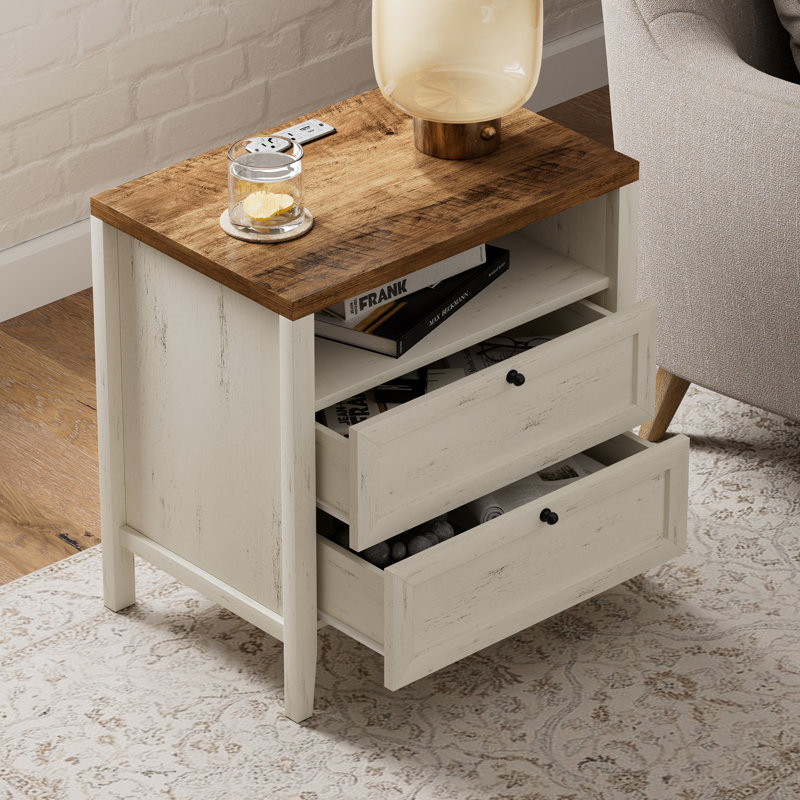 Farmhouse Nightstand With 2 Drawers And Charging Station, Individual, Rustic White/Honey Brown