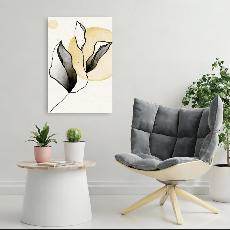 «Golden Botanical Leaves», art mural abstrait paysage minimaliste contemporain, 36" H x 24" W