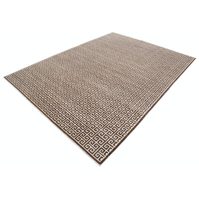 7x9.3 ft Hand Knotted Turkish Wool Rug, Beige & Brown Greek Key Pattern Area Rug, Modern Geometric Carpet