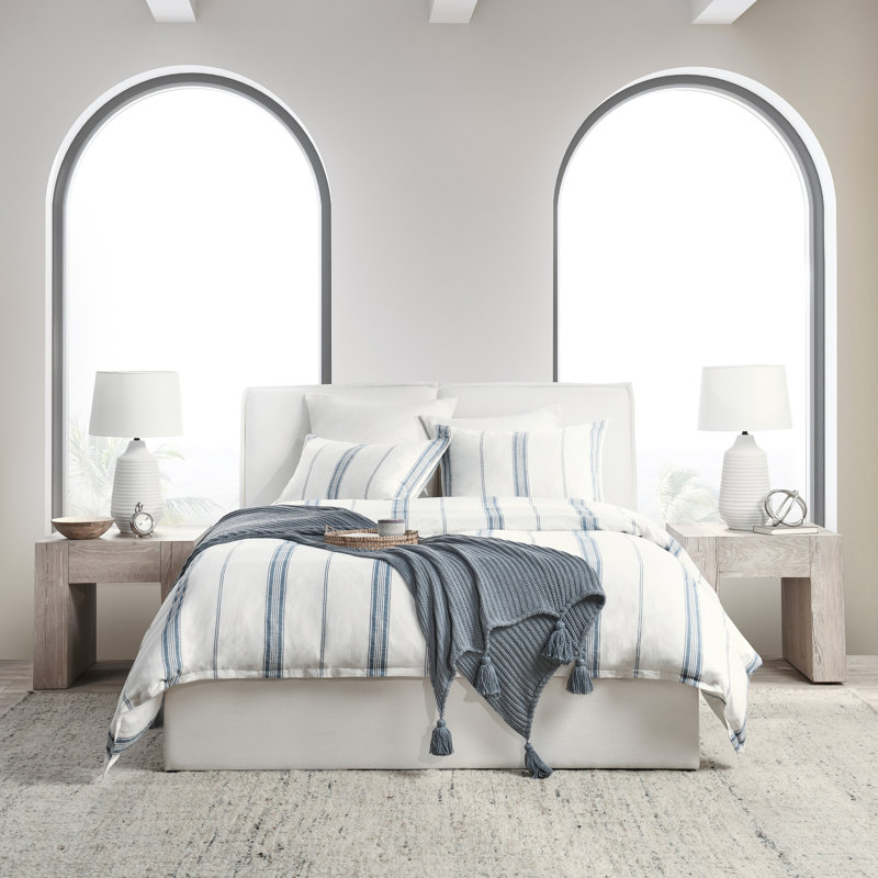 Brooke Duvet Cover, White/Blue Striped, Queen Duvet Cover