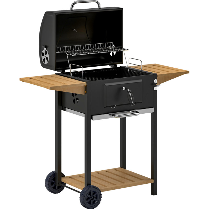 Barbecue au charbon noir de 245 pouces carrés avec grille de réchaud, réglage à trois niveaux, indicateur de température du couvercle, tablette latérale et inférieure, plateau de ramassage des cendres