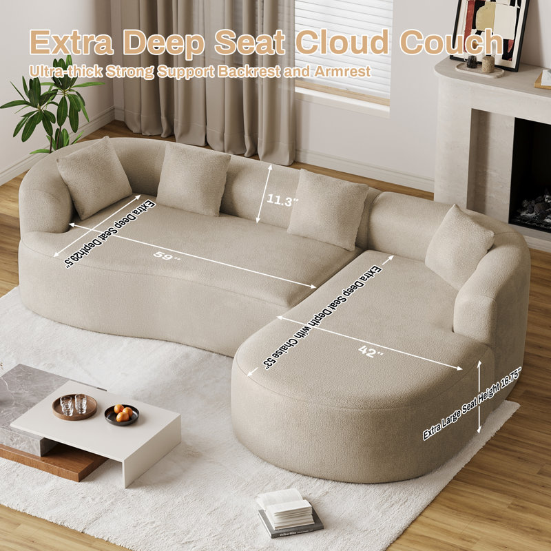 Curved Boneless L-Shaped Sectional Sofa With Chaise Lounge, No Assembly Required, Right Hand Facing, Brown Chenille