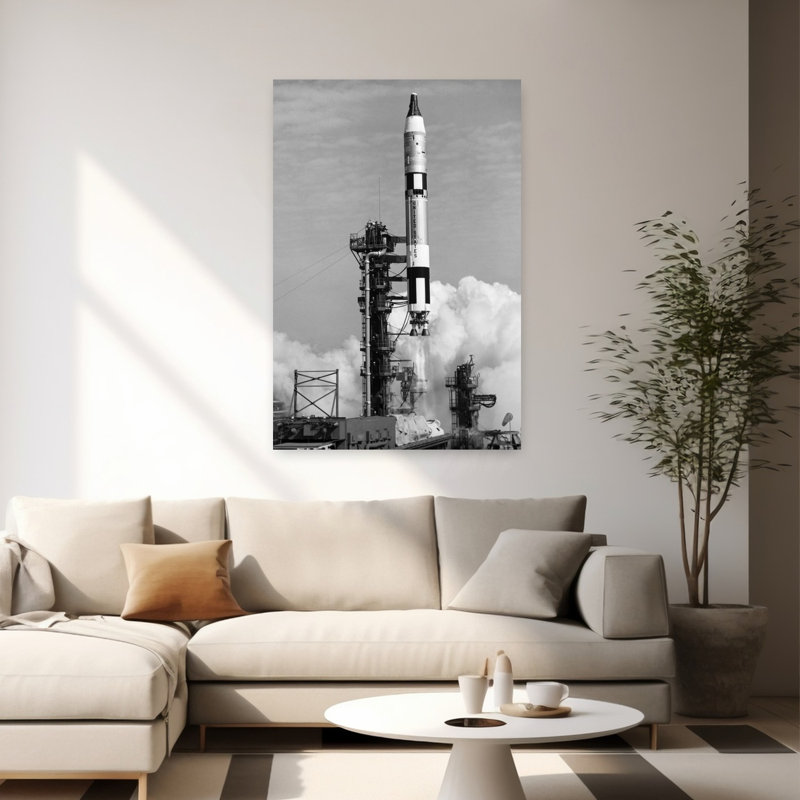 Art mural rétro rétro des années 1960, Missile Giii qui décolle de la rampe de lancement, H 60 po x l 40 po