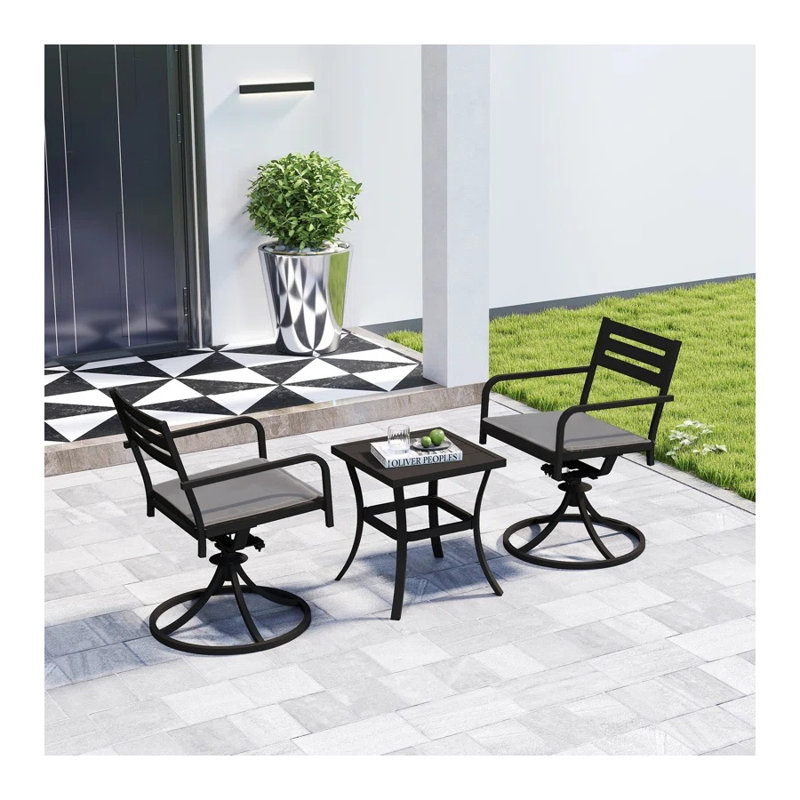 Gray Metal Outdoor Swivel Patio Conversation Set with Square Side Table - 2 Armchairs