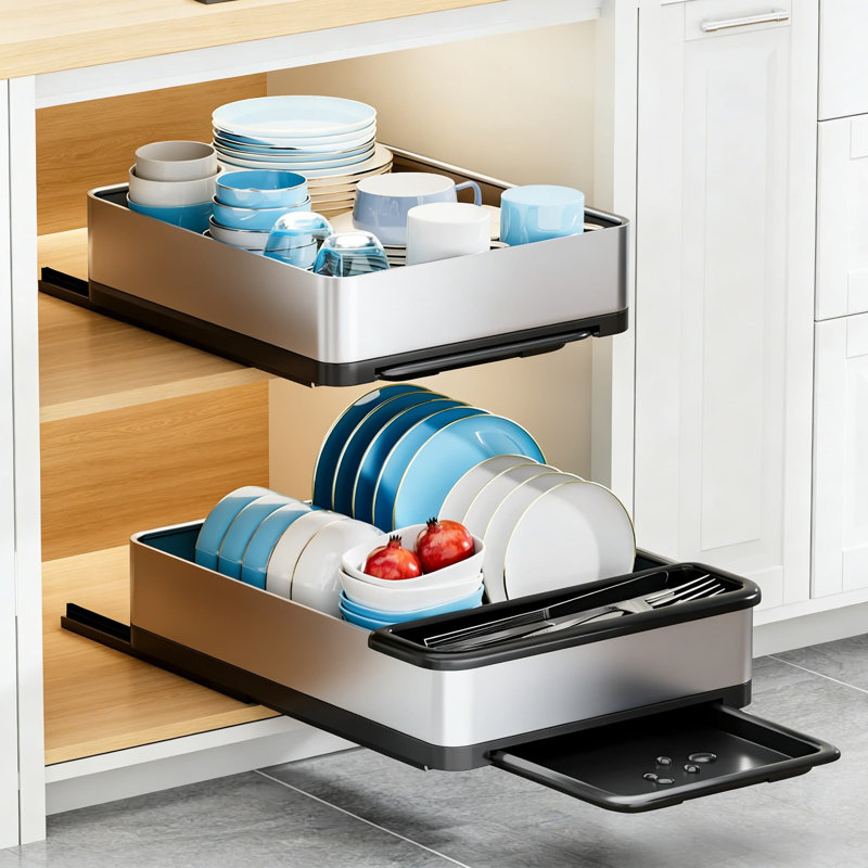 Stainless Steel Pull-Out Dish Drying Rack, Space Saving Kitchen Counter Organizer With Cutlery And Cup Holders, Automatic Drainage System
