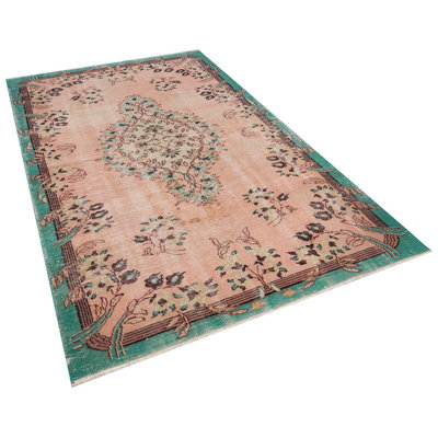 Hand-Knotted Wool Turkish Pink Green Oriental Vintage Area Rug