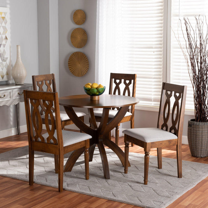Andelle 5-Pc Dining Set in Grey Fabric and Walnut Finished Wood, 38.6'' H X 17.9'' W X 19.3'' D, Brown