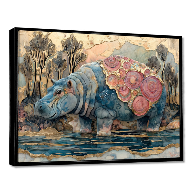 Hippopotame abstrait sérénité en Afrique II - Hippopotame mural, H 24 po x l 32 po, Impression sur cadre flottant, Noir
